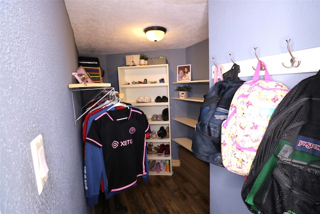 walk in closet with dark hardwood / wood-style flooring