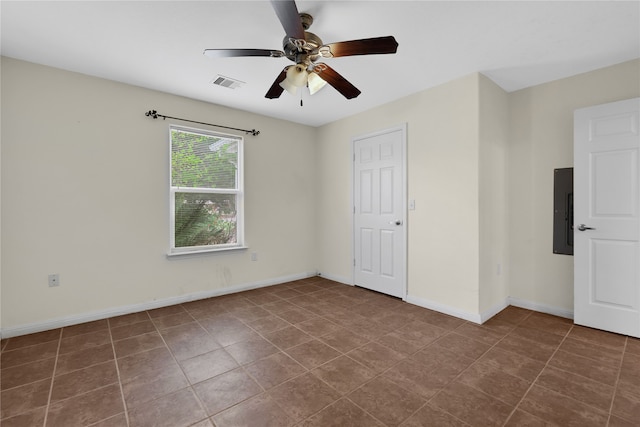 unfurnished bedroom featuring a closet, ceiling fan, electric panel, and tile patterned flooring