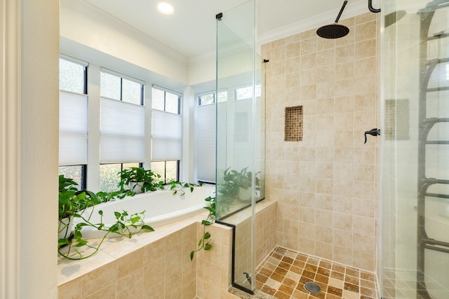 bathroom with independent shower and bath and ornamental molding