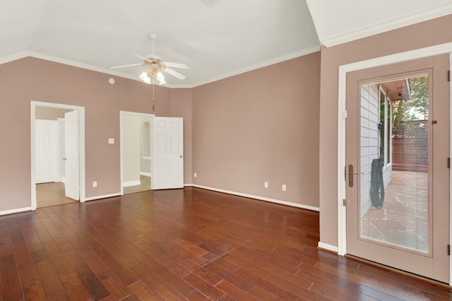 unfurnished room featuring crown molding, dark wood-type flooring, and ceiling fan