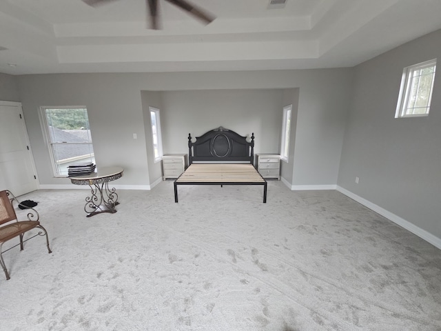 carpeted bedroom with a raised ceiling