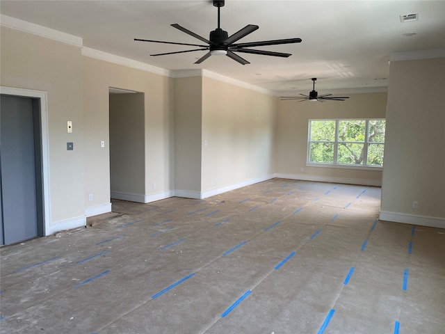 spare room with crown molding and ceiling fan