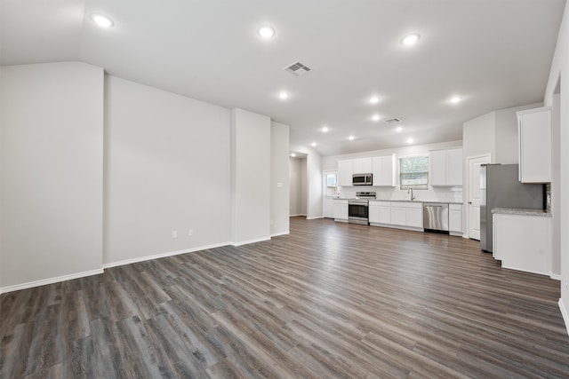 unfurnished living room with sink and dark hardwood / wood-style floors