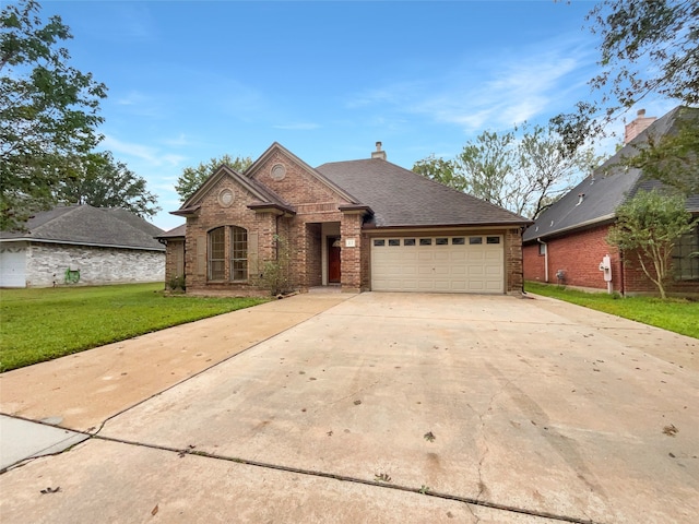 view of front of house featuring a front lawn and a garage