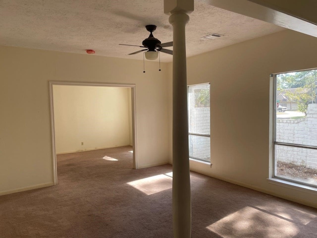 empty room with carpet flooring, a wealth of natural light, a textured ceiling, and ceiling fan