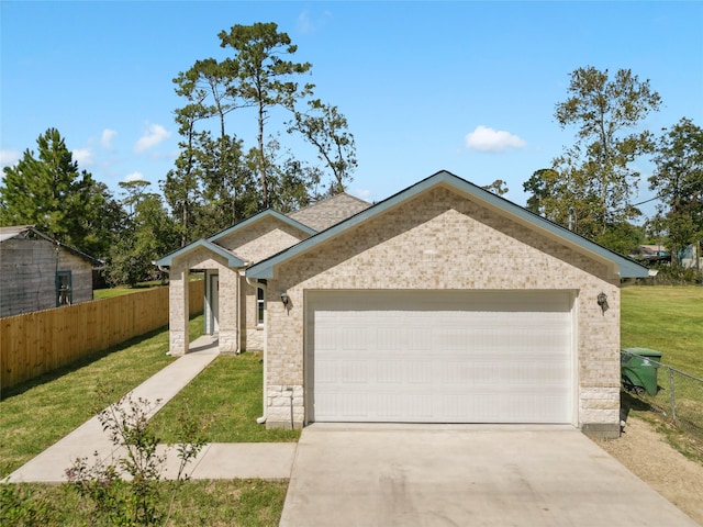 ranch-style house featuring a front yard and a garage