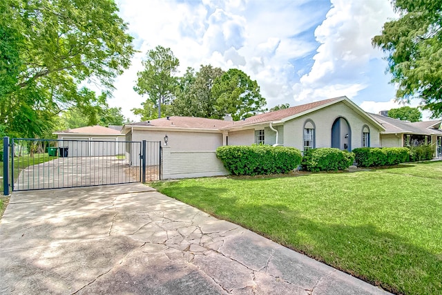 single story home with a front lawn