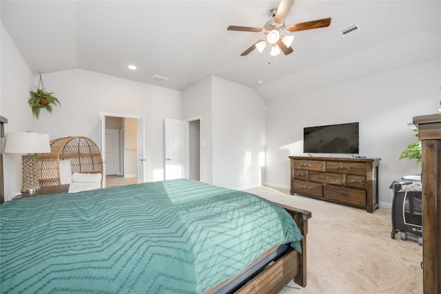 bedroom with lofted ceiling, light carpet, and ceiling fan