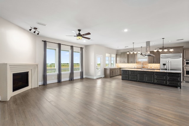 kitchen featuring island range hood, wood-type flooring, appliances with stainless steel finishes, decorative light fixtures, and dark brown cabinets