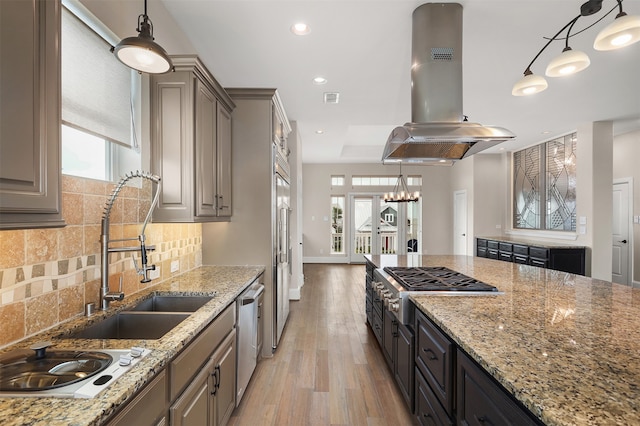 kitchen with light wood-type flooring, stainless steel appliances, a healthy amount of sunlight, and island range hood