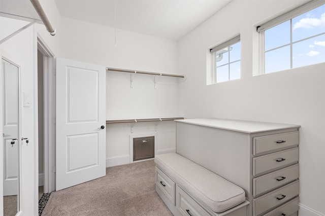 walk in closet with light colored carpet