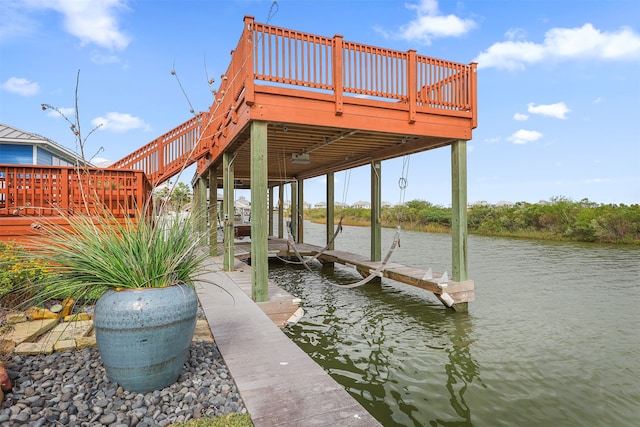 dock area featuring a deck with water view