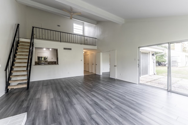 unfurnished living room with hardwood / wood-style flooring, high vaulted ceiling, and plenty of natural light