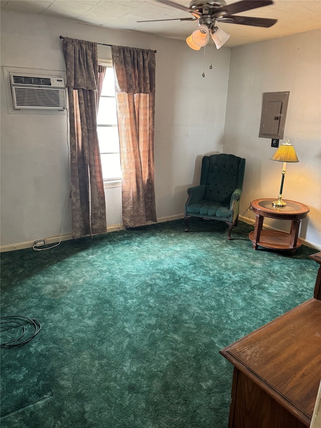 living area featuring electric panel, a wall unit AC, ceiling fan, and carpet floors