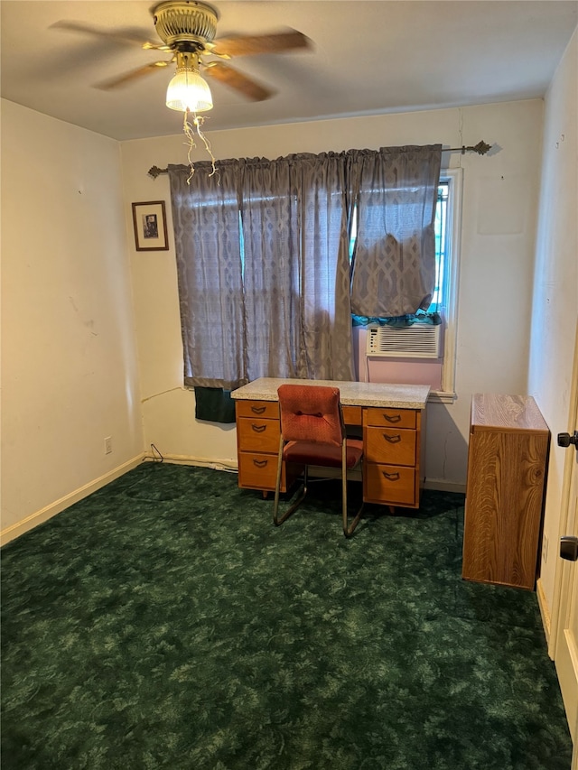 office area featuring dark colored carpet, cooling unit, and ceiling fan