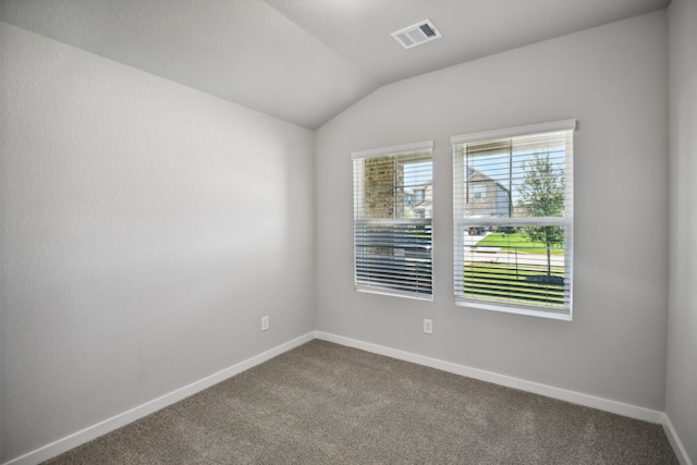 spare room featuring lofted ceiling and carpet flooring