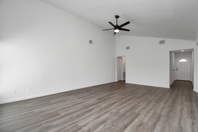 unfurnished living room with high vaulted ceiling, hardwood / wood-style floors, and ceiling fan