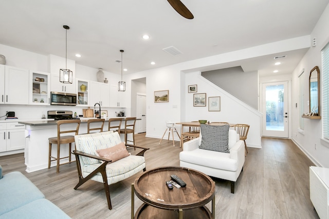 living room with light hardwood / wood-style floors and sink