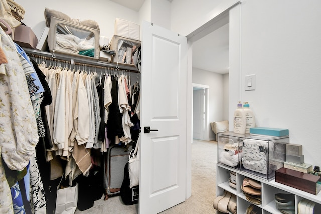 walk in closet with light carpet