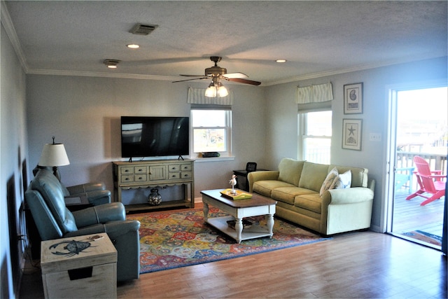 living room featuring ceiling fan, wood-type flooring, a textured ceiling, and ornamental molding