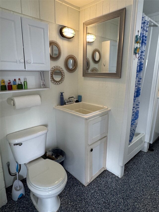 bathroom with toilet, a shower with curtain, and vanity