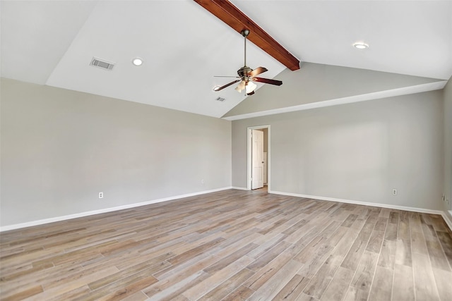 spare room with lofted ceiling with beams, light hardwood / wood-style floors, and ceiling fan