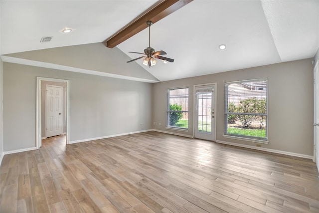 empty room with ceiling fan, light hardwood / wood-style flooring, and vaulted ceiling with beams