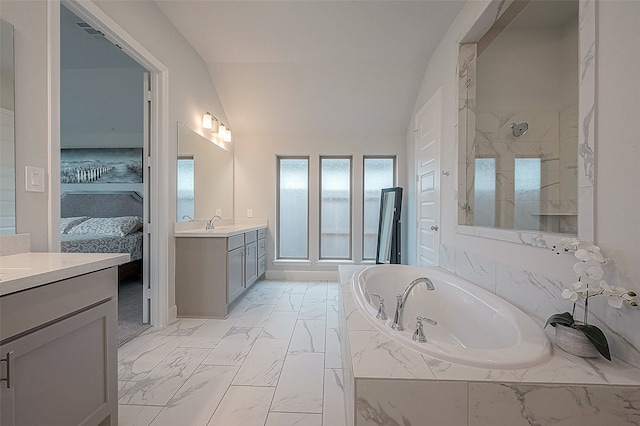 bathroom with vanity, vaulted ceiling, and plus walk in shower