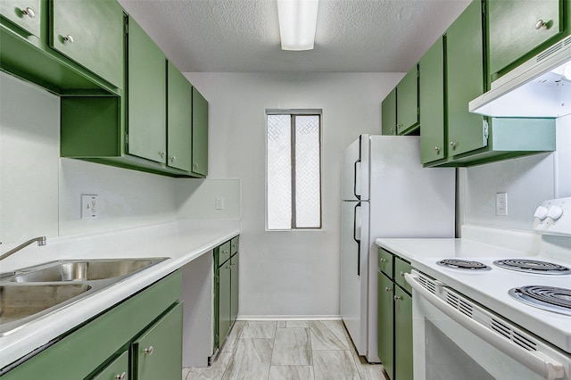 kitchen featuring white appliances, a textured ceiling, extractor fan, and green cabinets