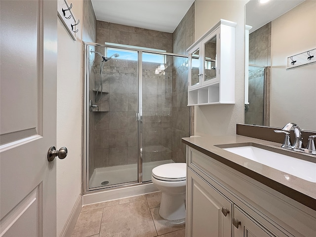 bathroom featuring walk in shower, tile patterned flooring, vanity, and toilet