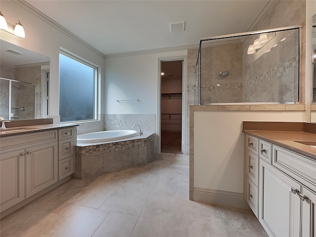 bathroom with crown molding, tile patterned flooring, vanity, and separate shower and tub