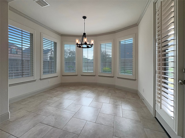 unfurnished dining area featuring light tile patterned flooring, a notable chandelier, and ornamental molding