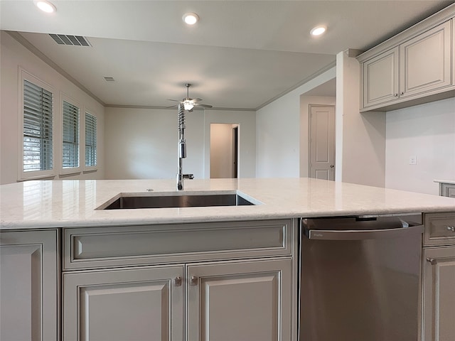 kitchen featuring gray cabinetry, stainless steel dishwasher, sink, and ceiling fan