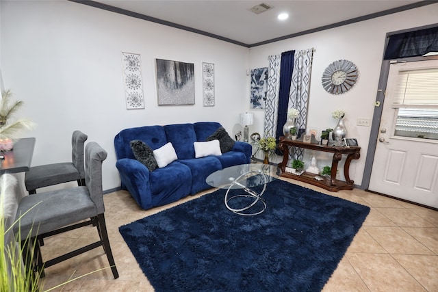 living room featuring crown molding and light tile patterned floors