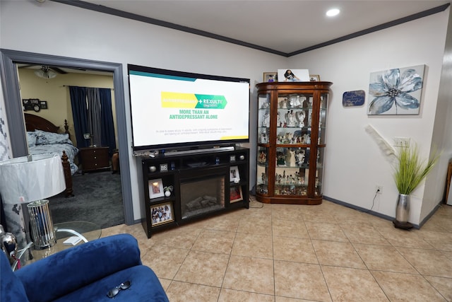 tiled living room with crown molding