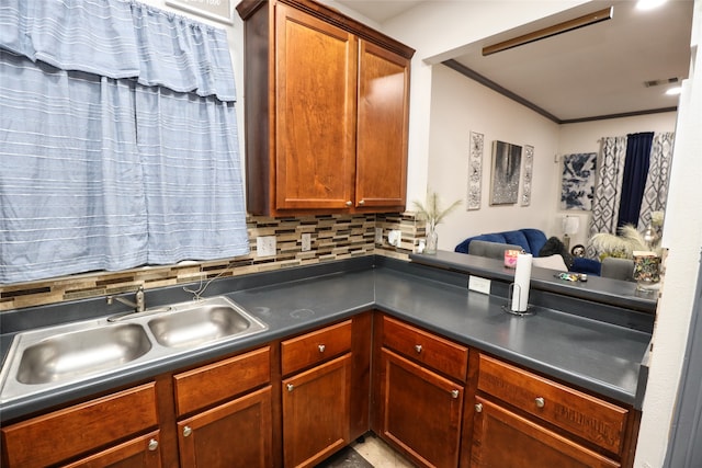 kitchen featuring ornamental molding, sink, and backsplash