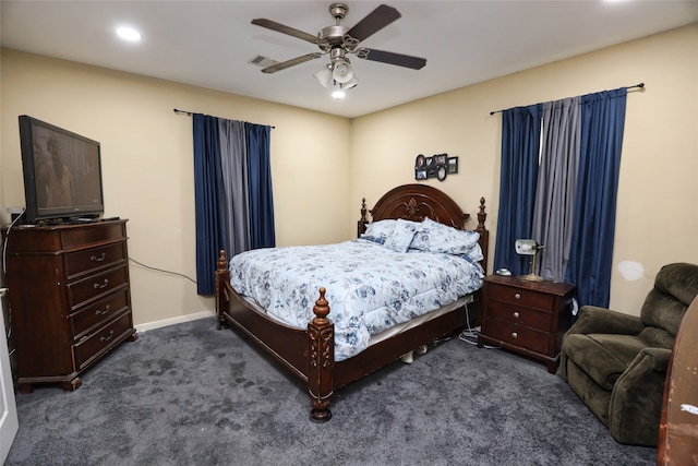 bedroom with dark carpet and ceiling fan