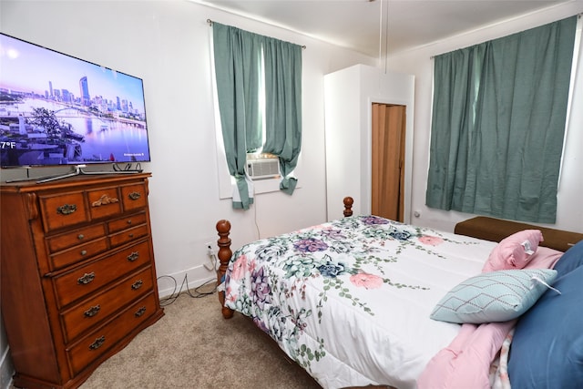 bedroom with light colored carpet