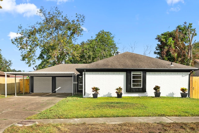 single story home with a garage, a front yard, and a carport