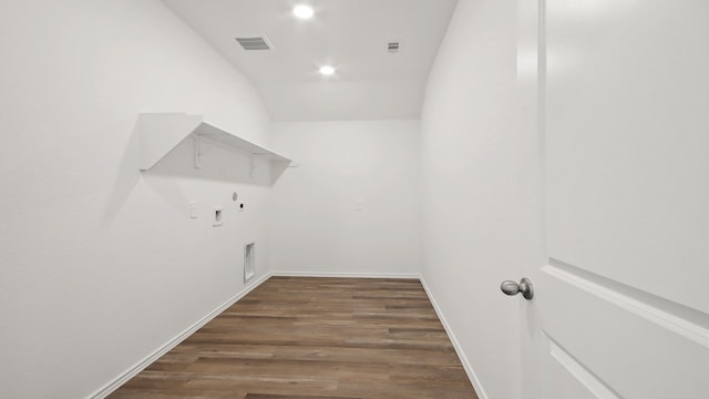 laundry room with washer hookup, hookup for a gas dryer, hookup for an electric dryer, and dark wood-type flooring