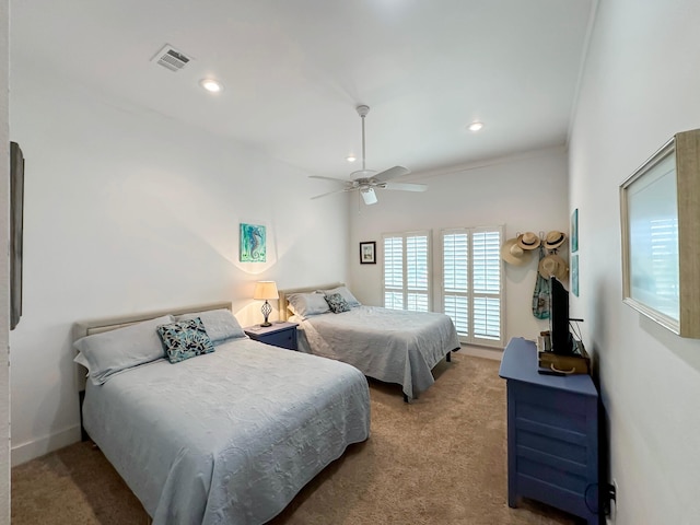 214 Biloxi, Crystal Beach, TX 77650 - carpeted bedroom featuring recessed lighting, ceiling fan, baseboards, and crown molding