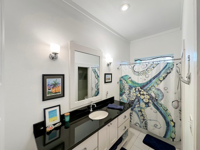 214 Biloxi, Crystal Beach, TX 77650 - full bathroom with vanity, tile patterned floors, a shower with curtain, and ornamental molding