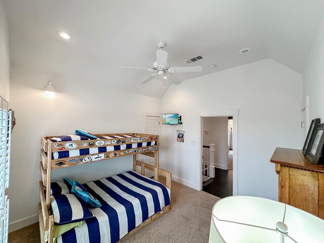 214 Biloxi, Crystal Beach, TX 77650 - carpeted bedroom with lofted ceiling, ceiling fan, baseboards, and recessed lighting