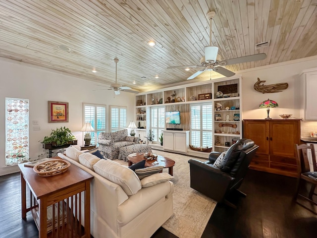 living room with wooden ceiling, ceiling fan, built in shelves, and dark hardwood / wood-style flooring