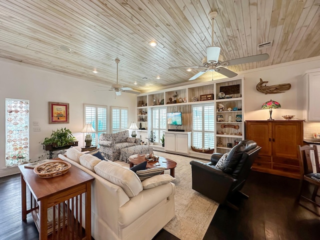 214 Biloxi, Crystal Beach, TX 77650 - living room with wood ceiling, a ceiling fan, dark wood-type flooring, and recessed lighting
