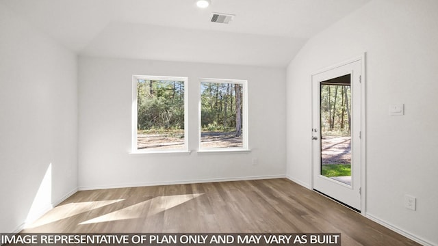 empty room with lofted ceiling, a wealth of natural light, and light wood-type flooring