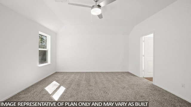 spare room featuring lofted ceiling, carpet floors, and ceiling fan