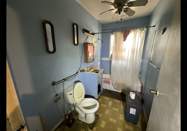 bathroom featuring ceiling fan, vanity, and toilet