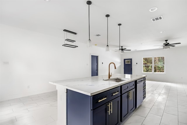 kitchen featuring light stone counters, dishwasher, sink, a kitchen island with sink, and pendant lighting