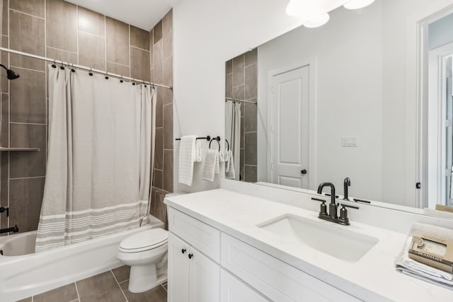 full bathroom with tile patterned floors, vanity, shower / bathtub combination with curtain, and toilet